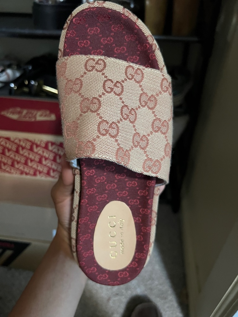 FAUX Beige and Burgundy GG Canvas Slide Sandal - Picture 3 of 5